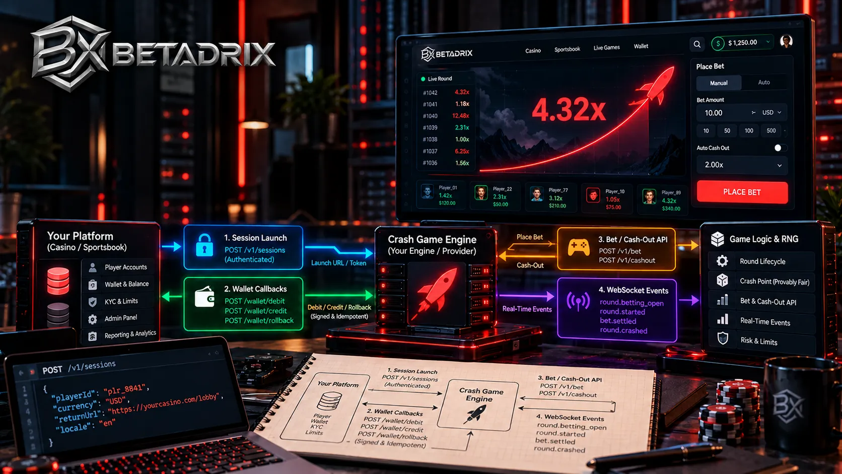 Architecture diagram of a casino platform connected to a crash game engine through session, wallet callback, bet API and WebSocket event channels