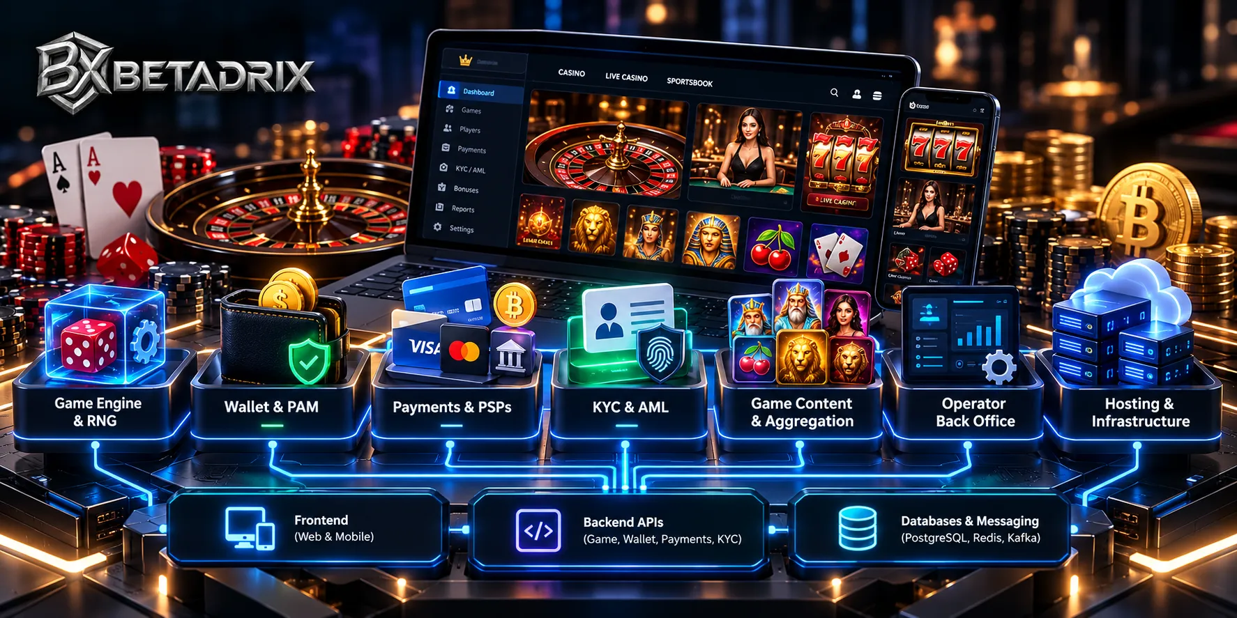Diagram of the technology stack needed to launch an online casino: game engine, RNG, wallet, payments, KYC, back office and hosting layers